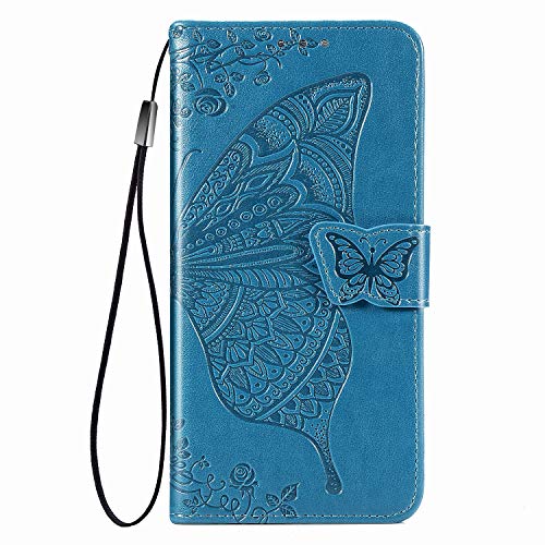 Dedux Flip Soporte Plegable Funda para Xiaomi Mi 10T Lite 5G, Mariposa en Relieve Flor Color de Rosa y Grabados Carcasa Tipo Libro, de Ranuras para Tarjetas y con Cierre Magnético, Azul