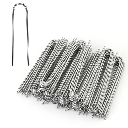MySit 80 Pack 4 Inch Garden Stakes Galvanized Drip Irrigation Stakes U Shaped Landscape Staples Ground Stakes for 1/8 to 1/2 Soaker Hose Irrigation Tubing Garden Hose Weed Barrier