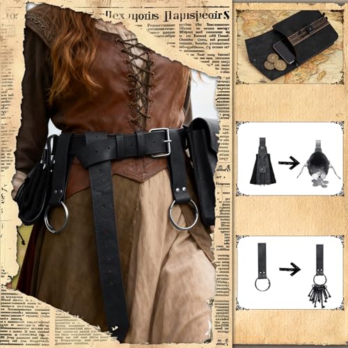 Image of Renaissance Pirate Belt Pouch with Coin Purse Skirt Hike Set | Medieval Viking Pirate Belt Pouch for Halloween Cosplay Ren Faire Accessories,Black.