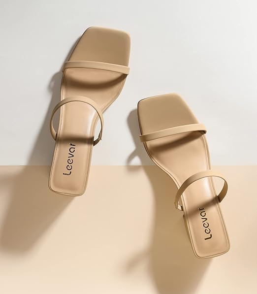 Leevar Square Low Block Toe Heeled Sandals for Women - 2.25IN Open Ankle Strap Chunky Heels - Slip on Heeled Sandal Mule- Nude Black Strappy Heels for Party Wedding Dress Shoes,Nude Nubuck,Size 8 thumbnail 2