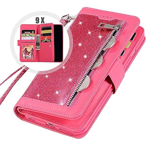 Auker Note 9 Wallet Case with Strap for Women, 9 Card Holder Bling Glitter Leather Flip Magnetic Wallet Case with Stand&Money Pocket Full Protective Zipper Purse Case for Samsung Galaxy Note9(Rose) Cover