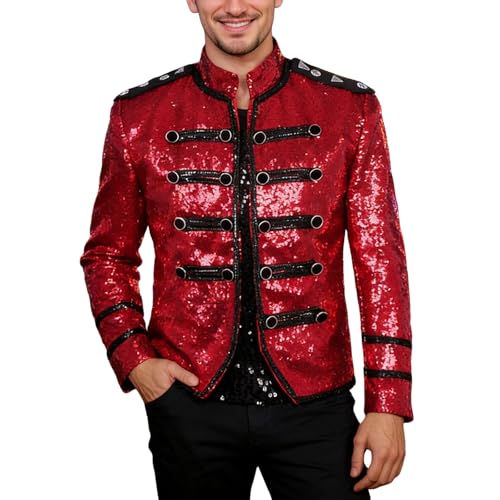 Chaqueta de traje de hombre con lentejuelas estilo vintage para escenario, blazer de circo para hombre, traje retro y elegante para carnaval, disfraces, espectáculos y cine, Rojo104, XXL