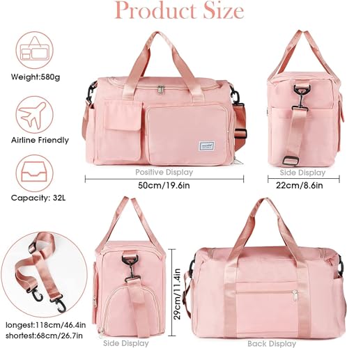 Image of 41L Expandable Travel Duffle Bag for Women | Waterproof Nylon Foldable Travel Bag | Overnight Luggage Handbag with Wet Pocket | Lightweight Carry-On Gym & Weekend Bag for Ladies (Pink Gym Bag)
