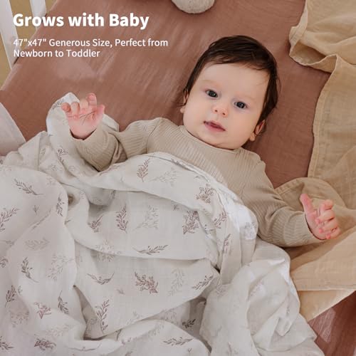 Image of POMISO Muslin Swaddle Blankets for Boys & Girls, Newborn Receiving Blankets, 4 Pack Soft Breathable Baby Swaddles, Large 47x47 Inches, Leaves & Warmth Colors