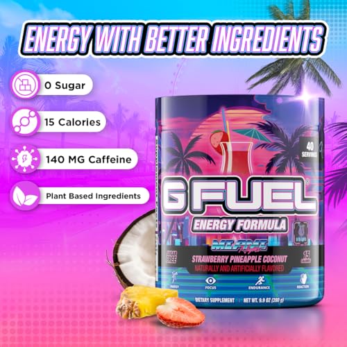 G Fuel Miami Nights Energy Drink Powder, Pre Workout Caffeine Mix for Gaming, Sugar Free Focus Amino, Vitamin + Antioxidants, 9.9oz (Strawberry Pina Colada, 40 Servings) - Thumbnail 2