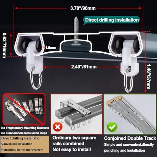 リビングルーム、寝室、バスルーム、部屋の仕切りに最適な、天井取り付け型ヘビーデューティーカーテンレールセット（1m～5m） - ダブ