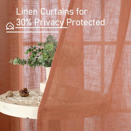 LAMIT Terracotta Linen Curtains 80 inch Length 2 Panels, Light Filtering Semi Sheer Panels Back Tab and Rod Pocket Neutral Drapes for Bedroom/Living Room, 34 x 80 Inch