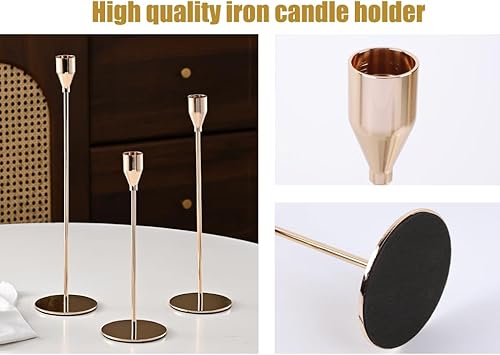 Miniatura 3 de Portavelas de oro francés de 3 piezas, soportes altos para candelabros, juego de candelabros cónicos de metal decorativo moderno, portavelas de