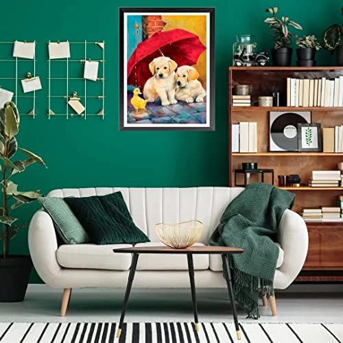 MXJSUA 5D Diamond Painting Kits Full Drill Round Drill Dogs with Umbrella Duck DIY Diamond Painting Arts Craft Canvas with DMC Diamond Pictures Arts Craft for Home Wall Decor 30x40cm