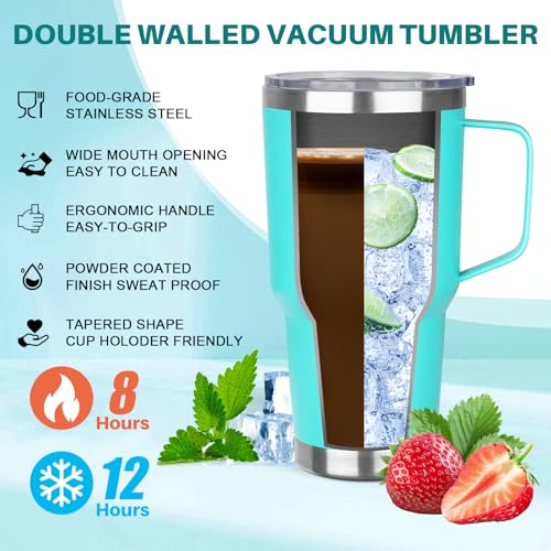 Image of 30 oz Tumbler with Handle, Stainless Steel Insulated Tumbler with Lid and Straw, Double Wall Vacuum Insulated Coffee Mug Tumbler, Insulated Coffee Thermal Cup for Cold and Hot (Mint Green)