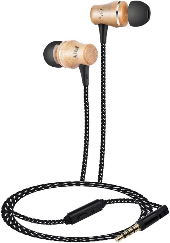 Wired Earphones in Ear, Aita WD55 Bamboo Headphones, Noise Isolating Earbuds with in-line Microphone for Running Jogging Gym for iPhone iPad Samsung etc (Bamboo)
