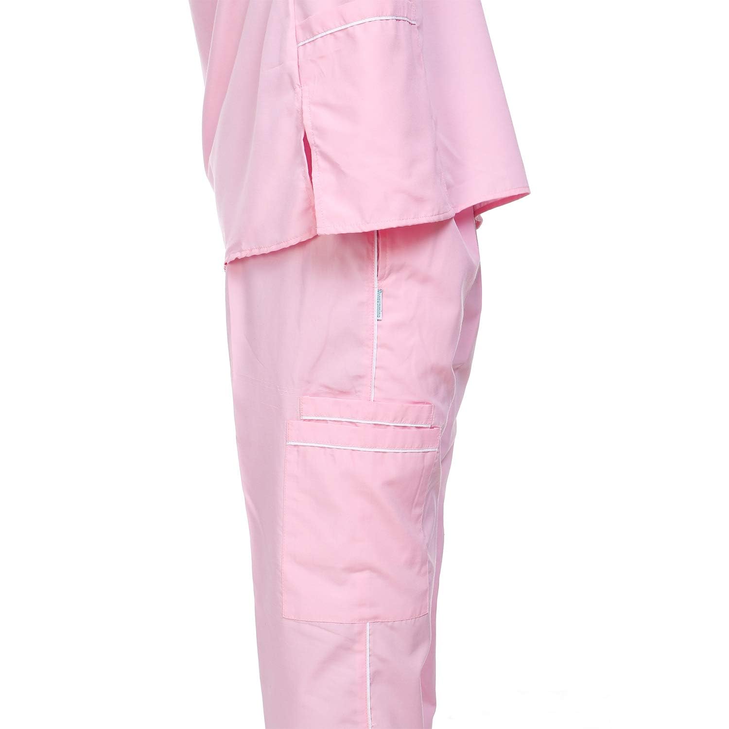 SAINI_MEDICOS Uni OP-Anzug-Set mit Paspelierung, V-Ausschnitt, 3 Taschen, Oberteil und Cargo-Hose, Rosa, 5 Stück