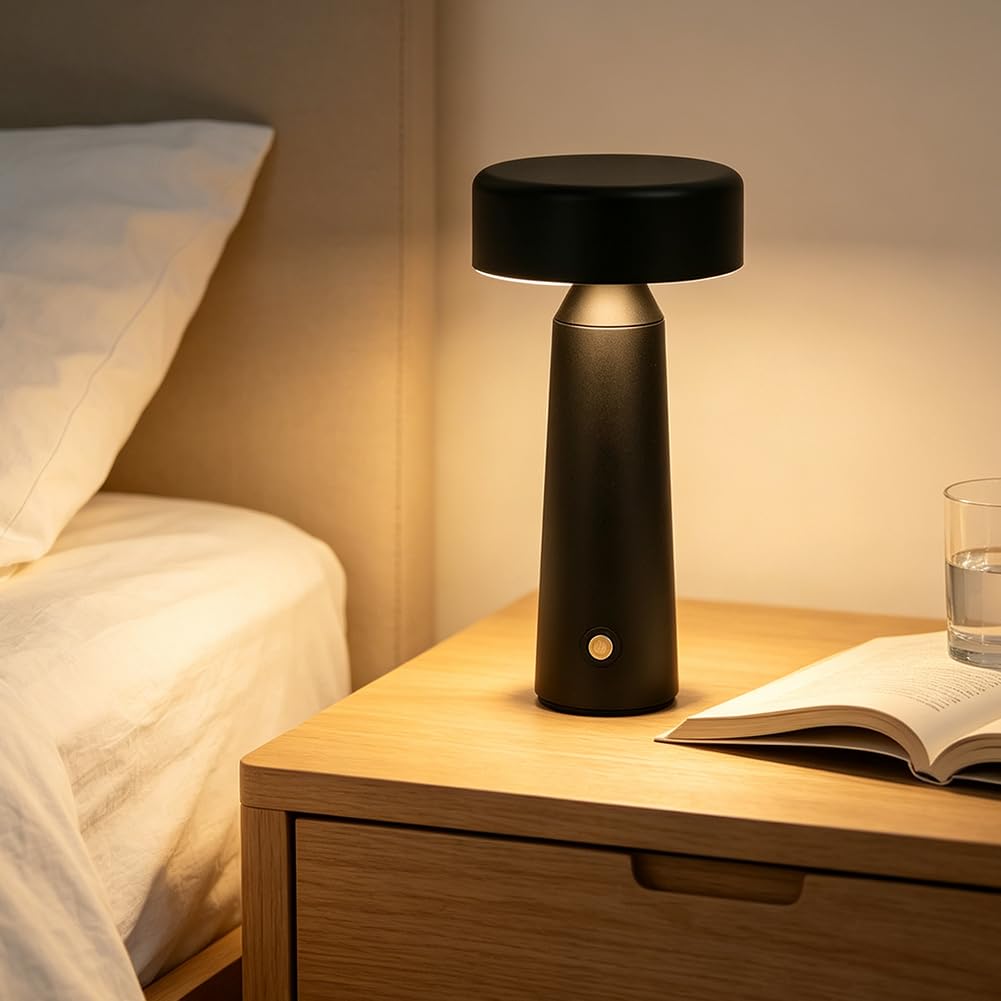 Akku Tischlampe Kabellos LED Dimmbar Innen Tischleuchte Schwarz USB Aufladung Batteriebetrieben Nachttischlampe, Leselampe, 3 Helligkeitsstufen Nachttischlampe Stilvolle Beleuchtung Lichter