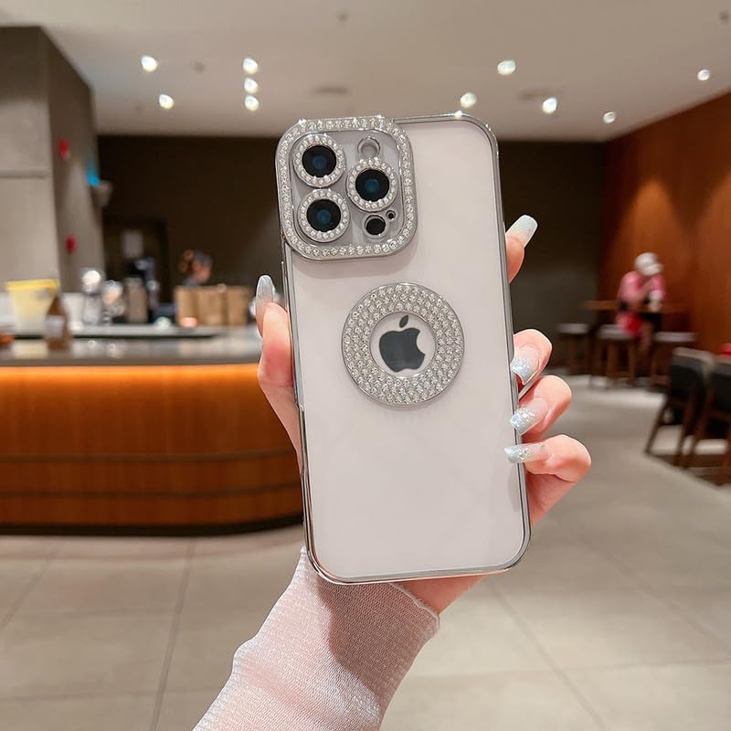 Image of LuxuryKase Sparkling Crystal Clear Case for iPhone 16 Pro Max | Logo Cut | Soft Protective TPU Case | Diamond Camera Lens Protector - Silver
