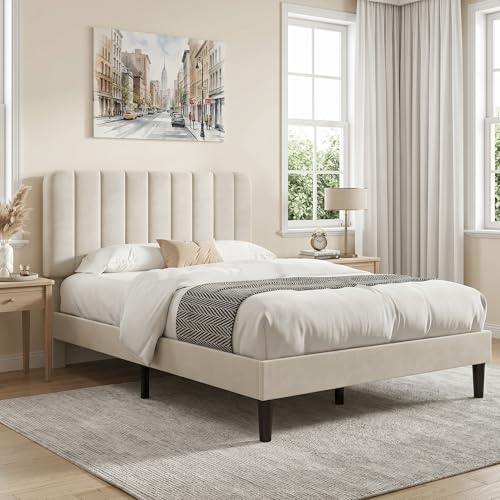 Image of VECELO Full Size Bed Frame with Upholstered Headboard, Velvet Platform Bedframe Mattress Foundation, Strong Wood Slat Support, No Box Spring Needed,Bone Beige