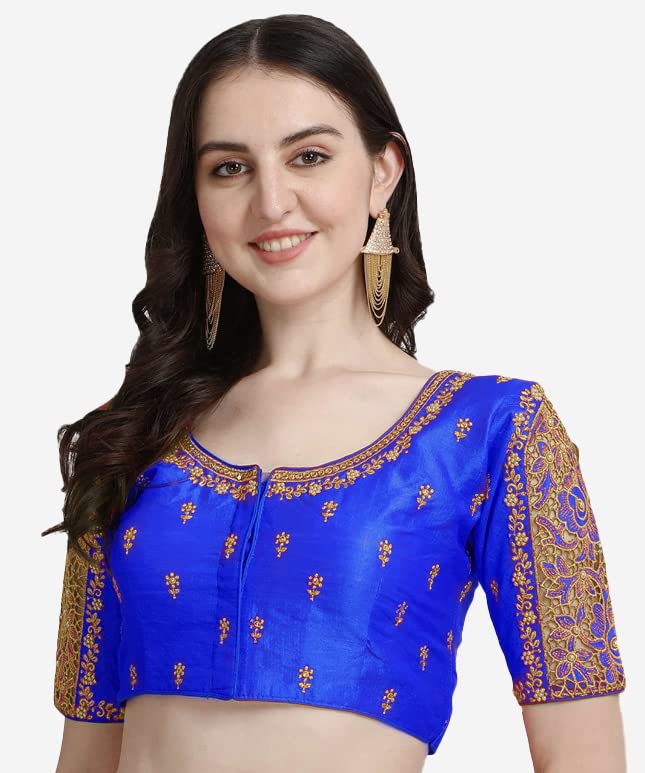 Pujia Mills Women's Silk Flower Embroidery Sleeves Cut Work Half Sleeve Readymade Saree Blouse (Gulab Rose_Royal_38)