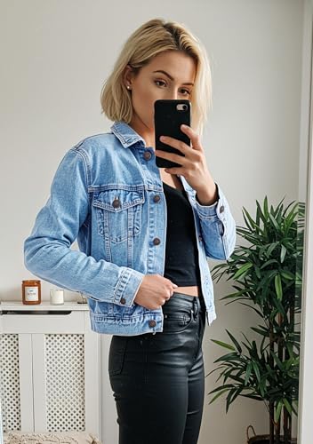JMOJO 2025 Cropped Denim Jacket for Women Stretchy Fitted with 2 Pockets – Lightweight Trendy Short Jean Shacket3