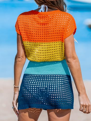 Image of CUPSHE Women Crochet Swim Cover Up Short Sleeve V Neck Bathing Suit Beach Dress Summer Swimwear Coverups