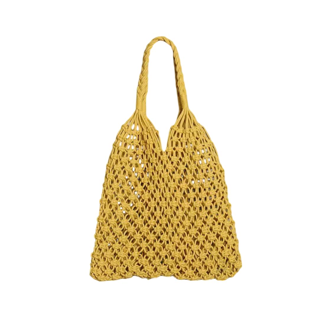 Boho Style Macrame Shoulder Bag | Handmade Cotton Net Tote | Lightweight Casual Summer Bag Yellow