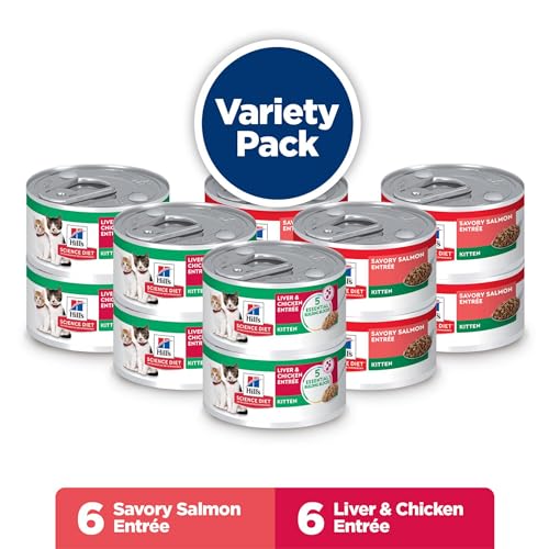 Image of Hill's Science Diet Kitten Wet Cat Food Variety Pack, Liver & Chicken, Salmon Minced, 2.9 oz. Cans, 12-Pack