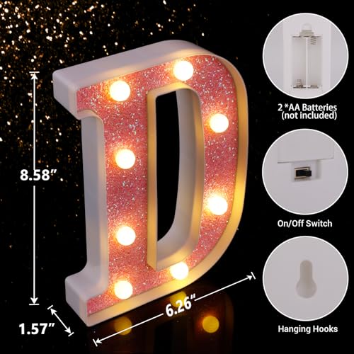 Image of LED Letter Lights Pink Glitter Marquee Letters Light Up Alphabet Letters Sign Battery Powered for Home Party Decoration Night Bar Wedding Birthday Christmas Lamp Girls Gift - Letter D