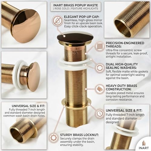 Image of InArt Brass Popup Waste Coupling for Wash Basin - Full Thread, Glossy Finish, Corrosion Resistant, Rose Gold, 7 Inch, 1 Pc(Rose Gold)