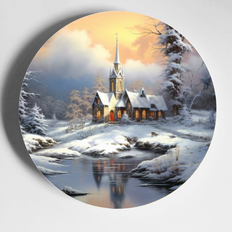 DNOVING 10 Inch Ceramic Decorative Plate with Stand Snowy Landscape Painting for Home Decor, Parties, and Christmas Perfect Wall Decoration