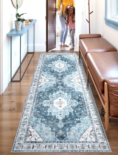 SERISSA Boho Washable Runner Rug, 2x6 Rug Non-Slip Vintage Blue Hallway Kitchen Runner Rug Ultra Soft Print Distressed Floor Carpet for Bedroom Bathroom Laundry Living Room