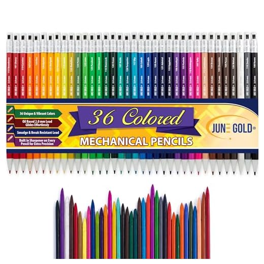 June Gold 36 Assorted Colored 2.0 mm Mechanical Pencils with 36 Unique Color Leads, Color Name is Printed on Each Pencil Barrel, Built in Rear Sharpener