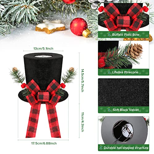BLOOMWIN Christmas Tree Topper Hat Lighted with Snowflake Projector, Black Velvet Bowler Hat with Red Plaid Bow Pine Cones, Rustic Christmas Decorations for Home Tree Topper with Lights - image 2