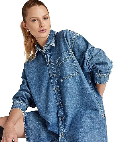 Abito Lungo Denim G-Star Donna, Blu Faded Waterfront, M, Con Colletto A Camicia E Tasca Sul Petto