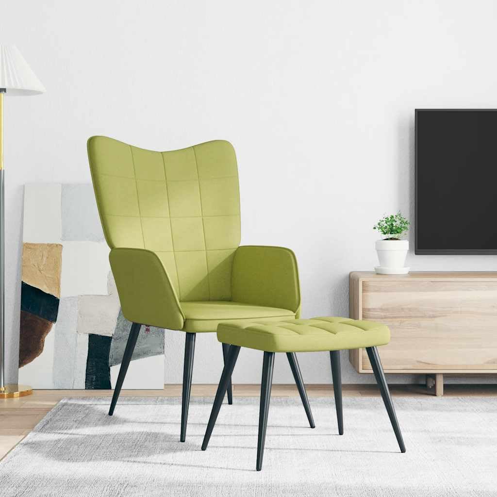 Fotel relaksacyjny z taboretem, zielony, tapicerka, fotel wypoczynkowy z podłokietnikami, oparciem, ergonomiczny, do salonu, sypialni, biura, relaksująca pozycja siedząca i komfortowy relaks