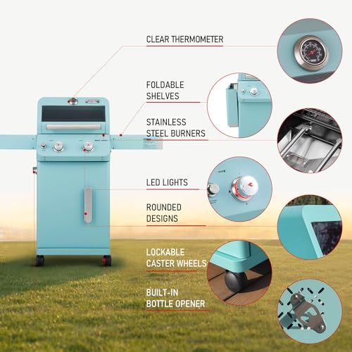 Monument Grills 2-Burner Stainless Steel Liquid Propane Gas Patio Garden Barbecue Grill with Clear View Lid, LED Control and Two Foldable Shelves Mesa200G, Green