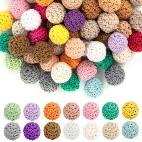Framendino, 60 Pack Wooden Crochet Beads 16mm Assorted Color Cotton Covered Bead Round Wood Knitting Ball for DIY Crafts Bracelet Jewelry Making