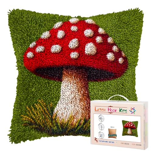 Image of DIY Latch Hook Pillow Kits Red Mushroom Printed Pillowcase Crochet Yarns Hooking Handmade Pillow Cover Cushion for Home Sofa Decoration 17x17inch-2