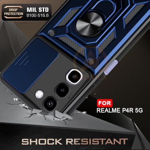 Image of Armor Bumper Back Cover Case for Realme P4R 5G Rotating Camera Cover, Ring Holder & Kickstand | Heavy Duty & 360 Degree Protection Realme P4R 5G Back Cover (Blue)