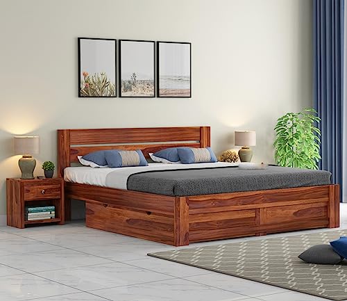 Image of MURARAKA ARTWooden Queen Size Cot with Drawer Storage - Solid Wood Queen Bed - Cot Akka Bed - Stylish Bedroom Furniture (Queen, Denzel, Honey Finish)