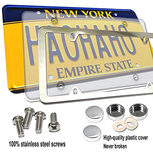 Fbjtdq License Plate Cover Frame Combo- Stainless Steel License Plate Frame And Flat Clear Cover,Novelty Unbreakable Car Tag Protector Fits Us Standard Plate,With Screws,Chrome Caps, Rattle Proof Pads #TOP6