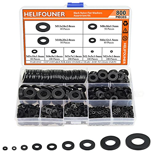 Helifouner 800 Pieces 9 Sizes Black Nylon Flat Washers Assortment Kit - M2 M2.5 M3 M4 M5 M6 M8 M10 M12 (Not Rubber Washer) #TOP7