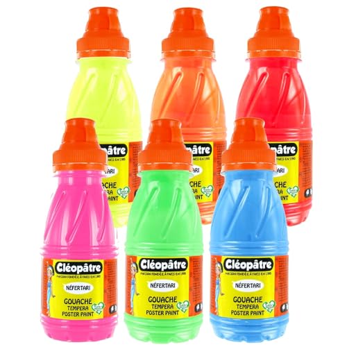 Cléopatre - 6er-Pack Nefertari Fluo Gouache - Deckende, mehrfach tragbare Farbe - Leicht zu handhaben, ab dem Kindergartenalter - Waschbar in der Maschine - Farbauswahl, 6x250ml