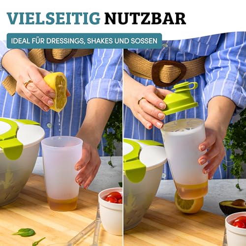 Foto von Westmark Mix- und Schüttelbecher/Dressingshaker mit Messskala, herausnehmbarer Mixscheibe und verschließbarem Ausgießer, Fassungsvermögen: 0,5l, Kunststoff, BPA-frei, Farbe: Transluzent/Grün, 2435227A