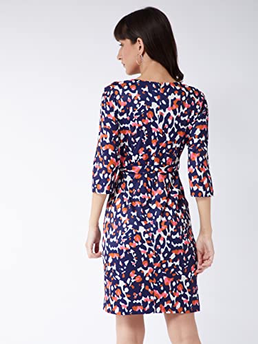 Image of Miss Chase Women's Multicolored-Base-Navy Blue V-Neck 3 /4th Sleeve Animal Wrap Knee Length Dress