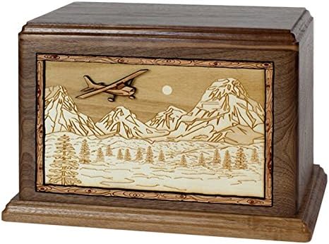 Wood Cremation Urn - Airplane in Mountains Hampton (Walnut)