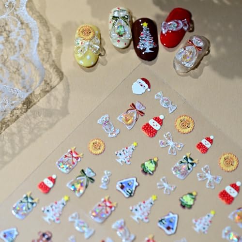 Image of Christmas Nail Stickers for Nail Art Xmas Tree Nail Decals Shiny Design Candy Bow Nails Art Decals Design 5D Embossed Self Adhesive for Women Girls Manicure DIY Decoration