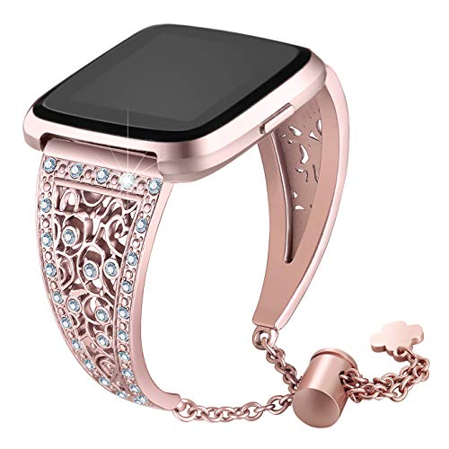bayite Hollowed-Out Bling Bands Compatible with Fitbit Versa/Versa 2, Metal Bracelet Replacement Band Wristband Accessories Strap for Women, Rose Gold