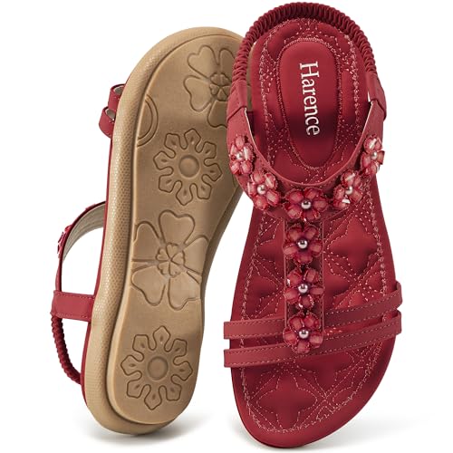 Image of HARENCE Summer Flat Sandals for Women: Comfortable Bohemian Beaded Flats Shoes Elastic Ankle Strap Casual Walking Slip On Dress Sandal