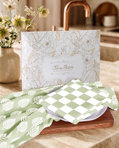 Image of Miss Adola 2 Pack Flour Sack Kitchen Towels - 16x26 Inch Cotton Dish Towels with Hanging Loop Reusable Geometric Boho Modern Retro Tea Towel Absorbent Dishcloths Home Decor, Green Leaf