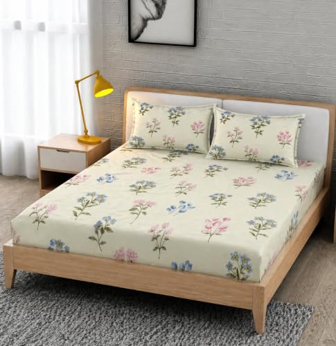 Image of 380 TC Premium Glace Cotton Elastic Fitted Bedsheet King Size with 2 Pillow Covers King Size | Double Bed with All Around Elastic (CreamLEA, Fitted - 72 inchx78 inch King)