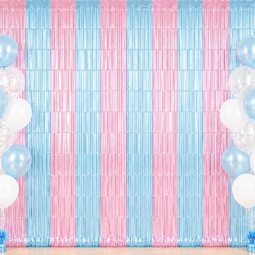 Image of TONIFUL Light Pink Light Blue Door Streamers,Black and Pink Photo Booth Backdrop Metallic Streamers Foil Fringe Curtain for Birthday,New Year,Graduation,Grad,Baby Shower Party Streamers Decoration