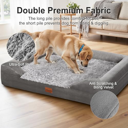 Gimars 9,5 cm Dickes XL Orthopädisches Hundebett für Sehr Grosse Hunde, Stützendes Hundesofa mit 28D Eierkarton-Schaum, Abnehmbarer Waschbar Plüschbezug, wasserdichte Innenhülle, Quadrat